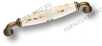 Ручка скоба, латунь с керамикой, цвет белый с золотым орнаментом 128 мм 2015-013-128-178 фото, цена 1 150 руб.